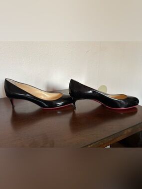 Christian Louboutin Black Patent Leather Low Heel Pumps with Red Sole Authentic
